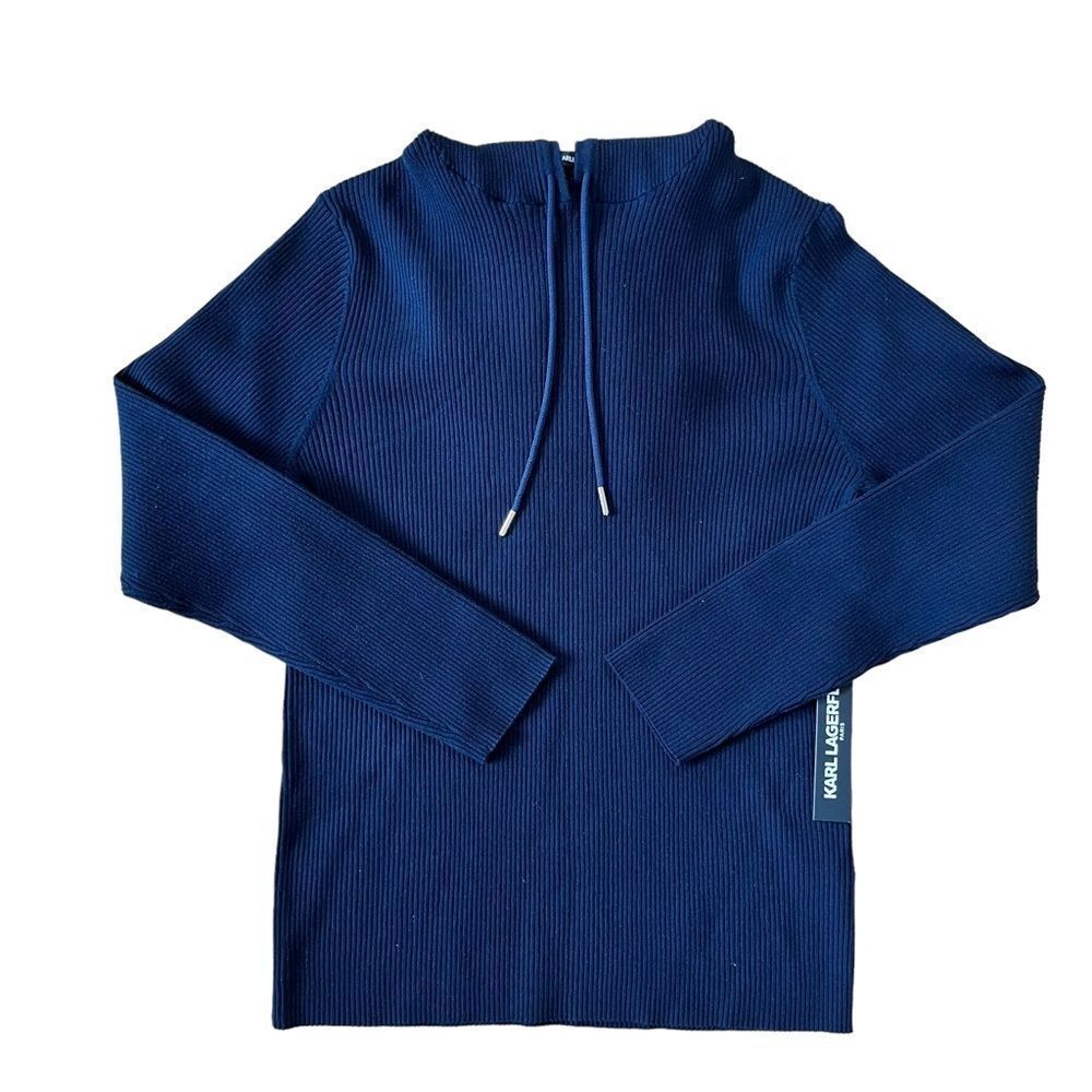 New Navy Karl Lagerfeld Ribbed Long Sleeve Hoodie Size Medium
